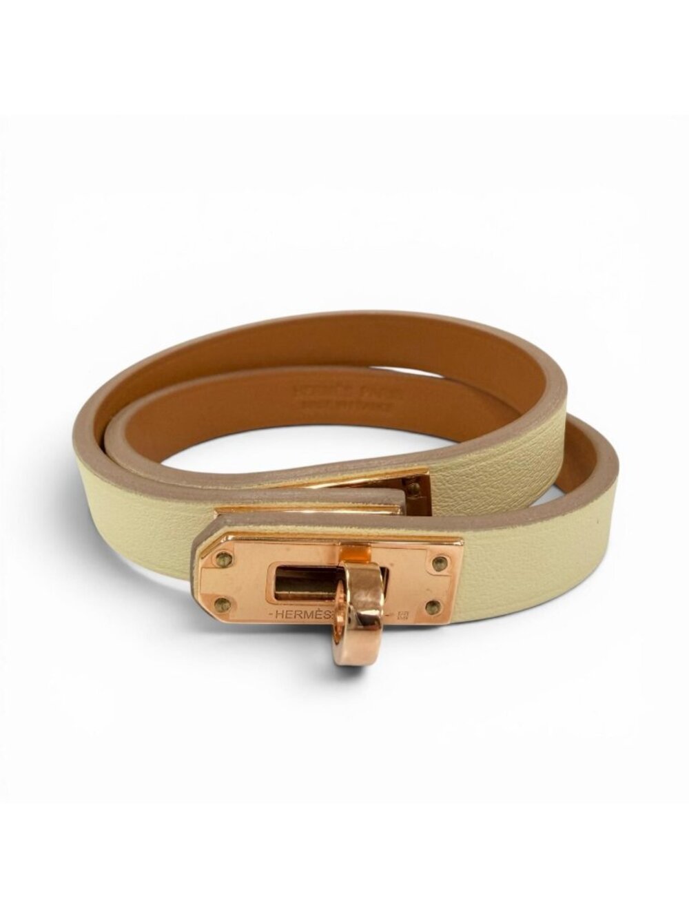 Hermes Minike Tall Double Tour Jaune Poussin Pink Gold Leather Bracelet T2